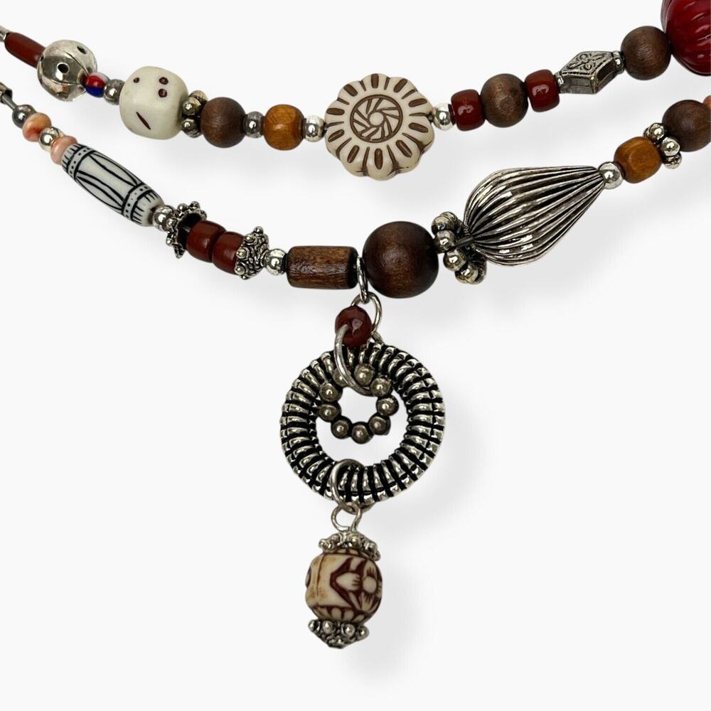Avon Beaded Charm Necklace Double Strand Silver Tone Boho Earthy Colors Vintage